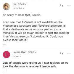 AirVisual: Chúng tôi gỡ app vì bị quá nhiều người Việt đánh giá 1* - bụi thế mà nhiều ông còn cãi cho đuợc ??!